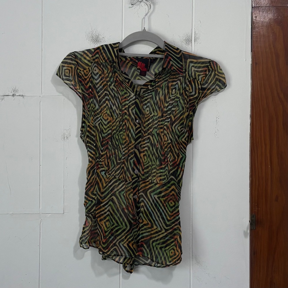 Debbie Shuchat 100% Silk Geometric Print Button Front Cap Sleeve Blouse Size 4